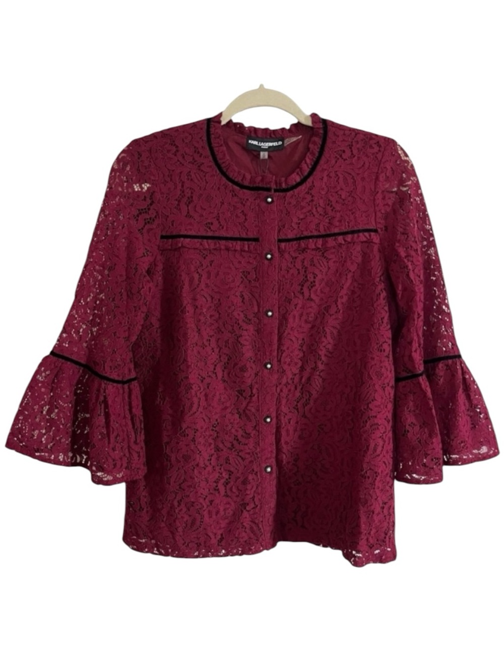 Karl Lagerfeld Size Small Burgundy Lace Victorian Romantic Button Down Top